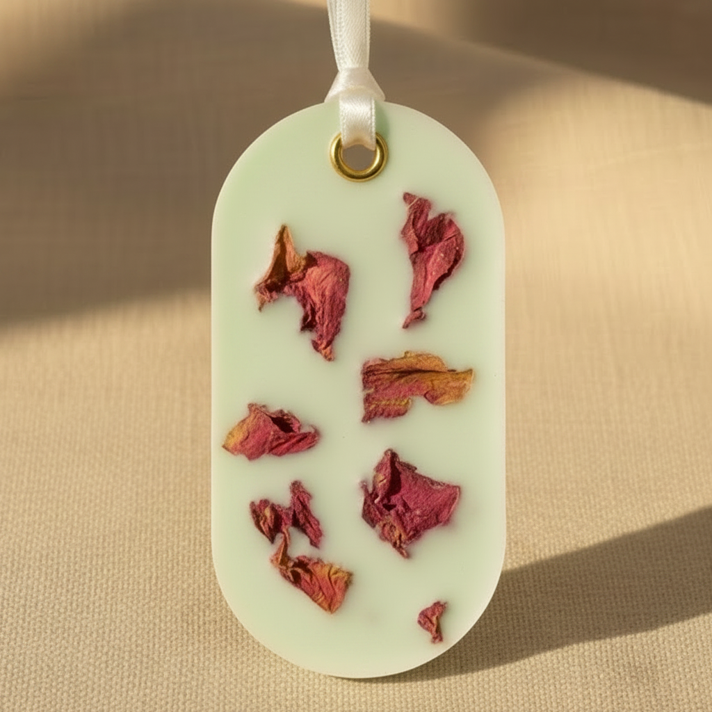 An oval-shaped green wax sachet with dried pink flower petals embedded inside, hanging from a white ribbon with a gold-tone ring on a textured beige fabric background.