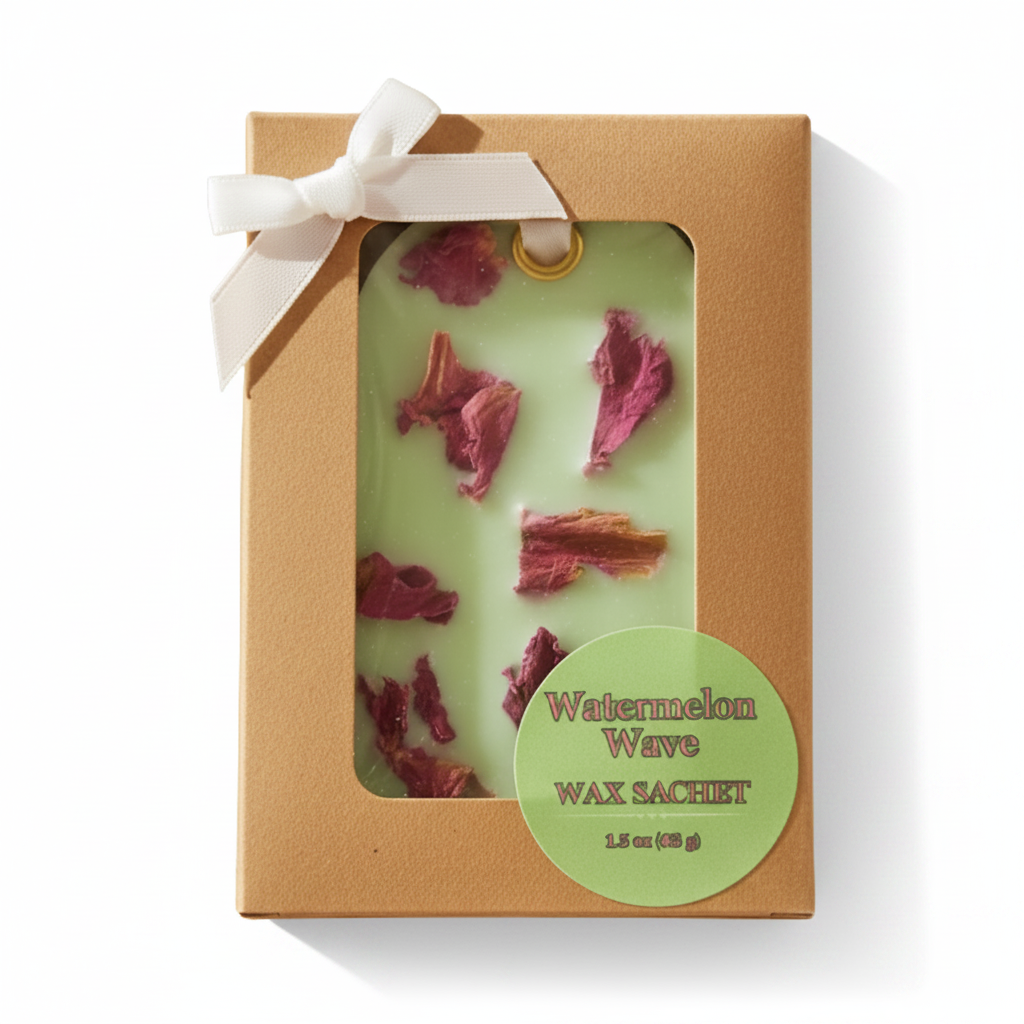 A packaged wax sachet in a kraft paper box with a white ribbon bow and a clear window showing green wax with dried pink flower petals. A round green label reads 'Watermelon Wave Wax Sachet'.