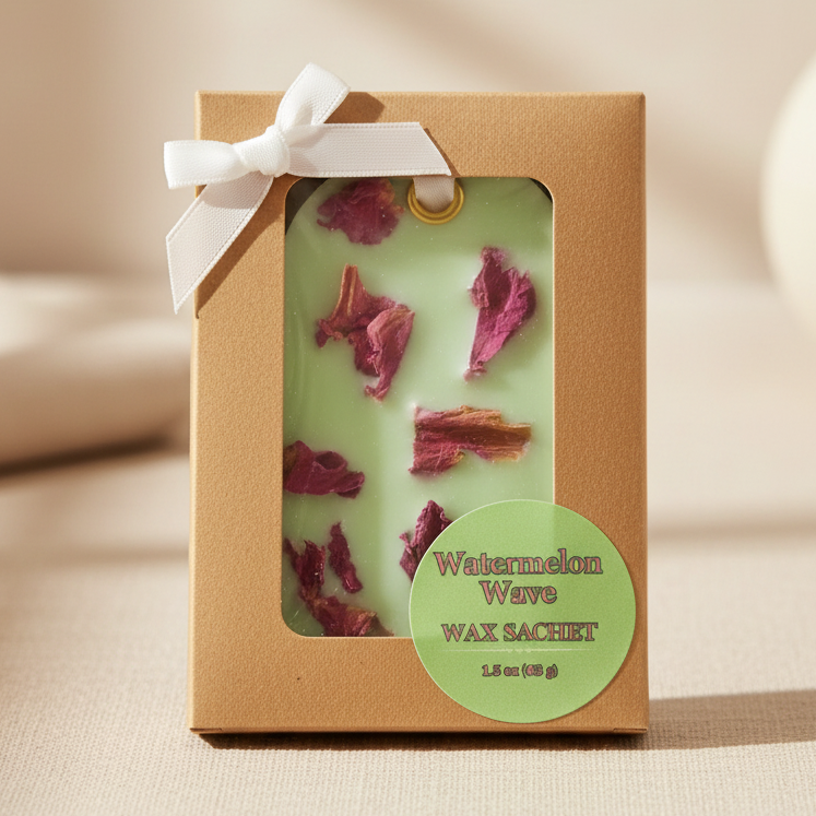 A boxed wax sachet labeled 'Watermelon Wave Wax Sachet' in a kraft paper package with a clear window showing green wax and pink watermelon flower pieces, plus a white ribbon bow on a white background.