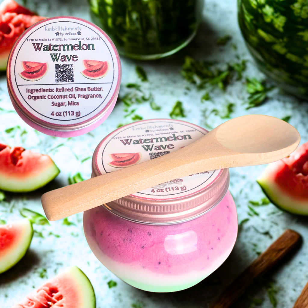 Jar of Watermelon Wave Whipped Body Scrub with creamy pink and green texture, made with coconut oil and shea butter.