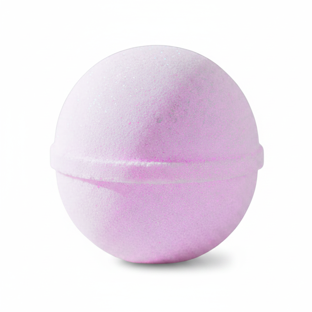 A round, bath bomb in a light pinkish-purple color, shown against a plain white background.