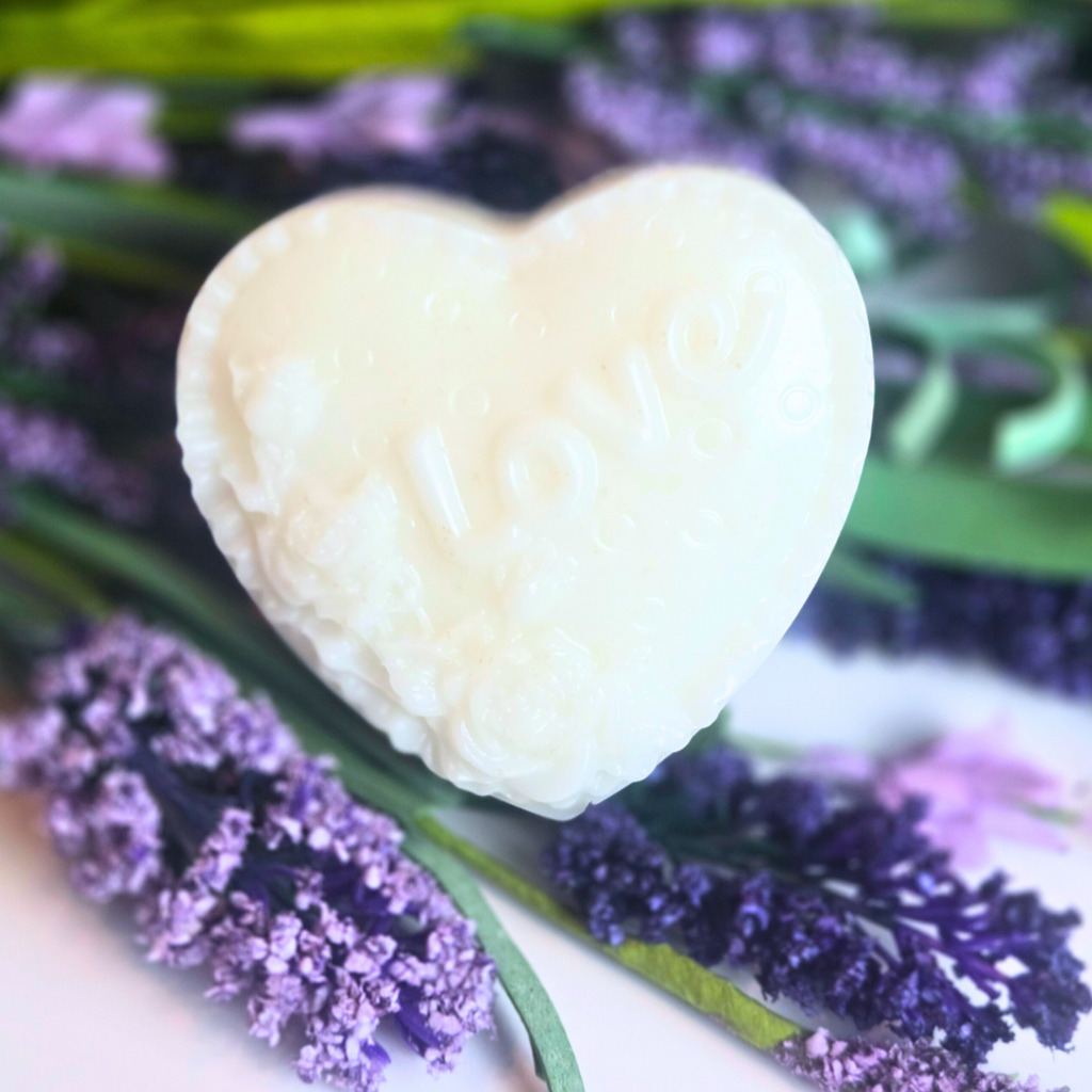 Lavender-scented heart soap bars for weddings or bridal shower favors, front view.
