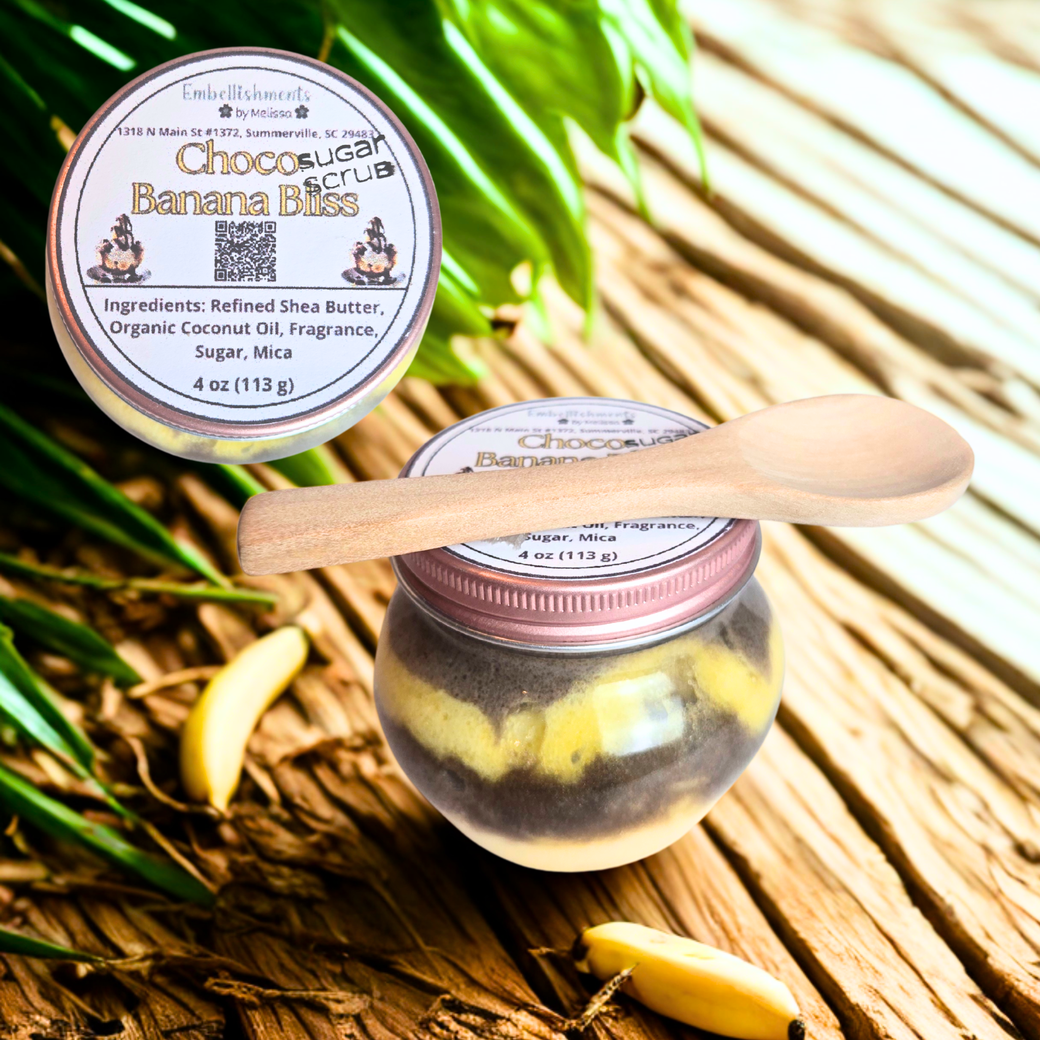 Whipped chcolate banana-scented body scrub jar with creamy texture made with organic coconut oil & shea butter.