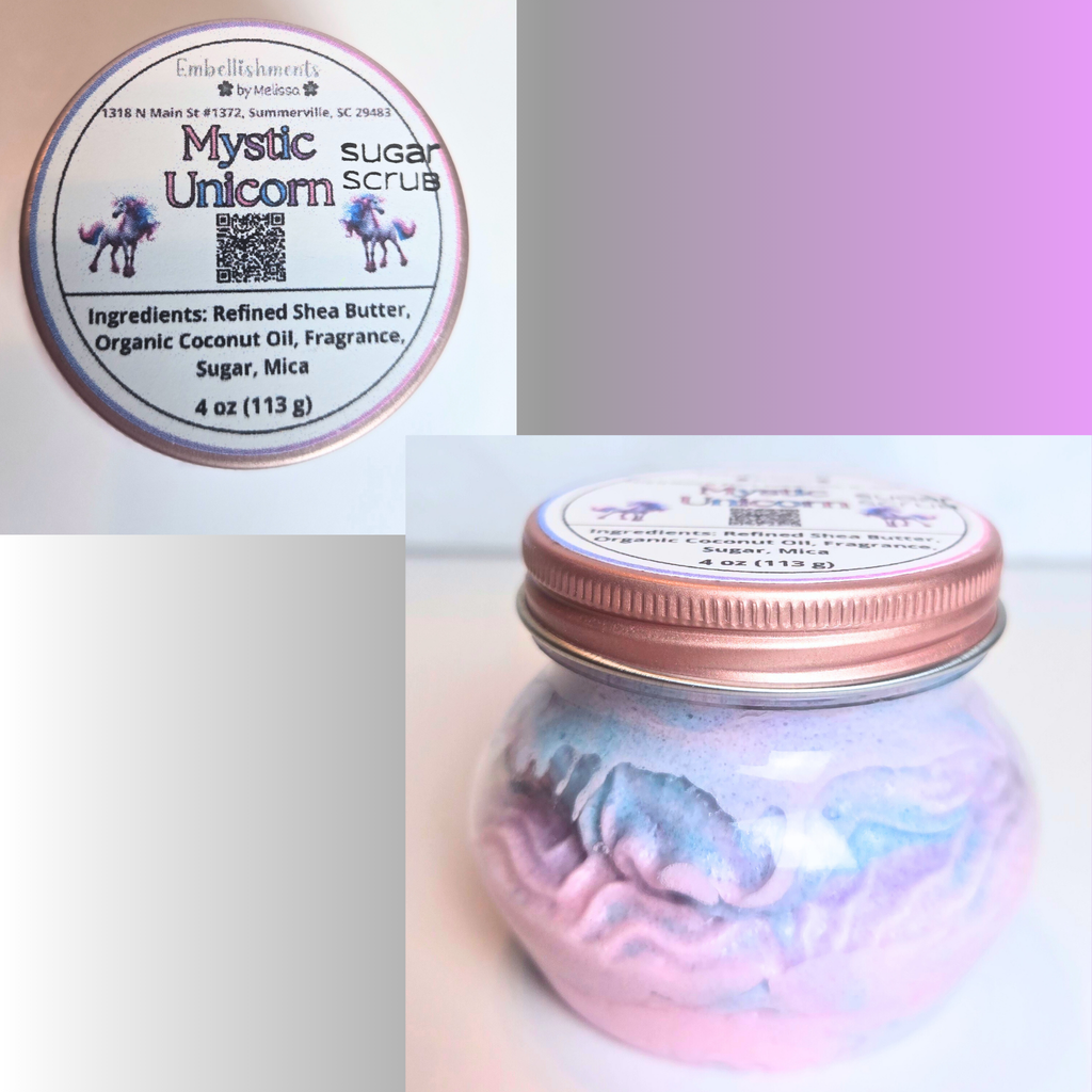 Whipped body scrub in unicorn hues with wooden spoon for easy, charming application—fun and functional self-care treat