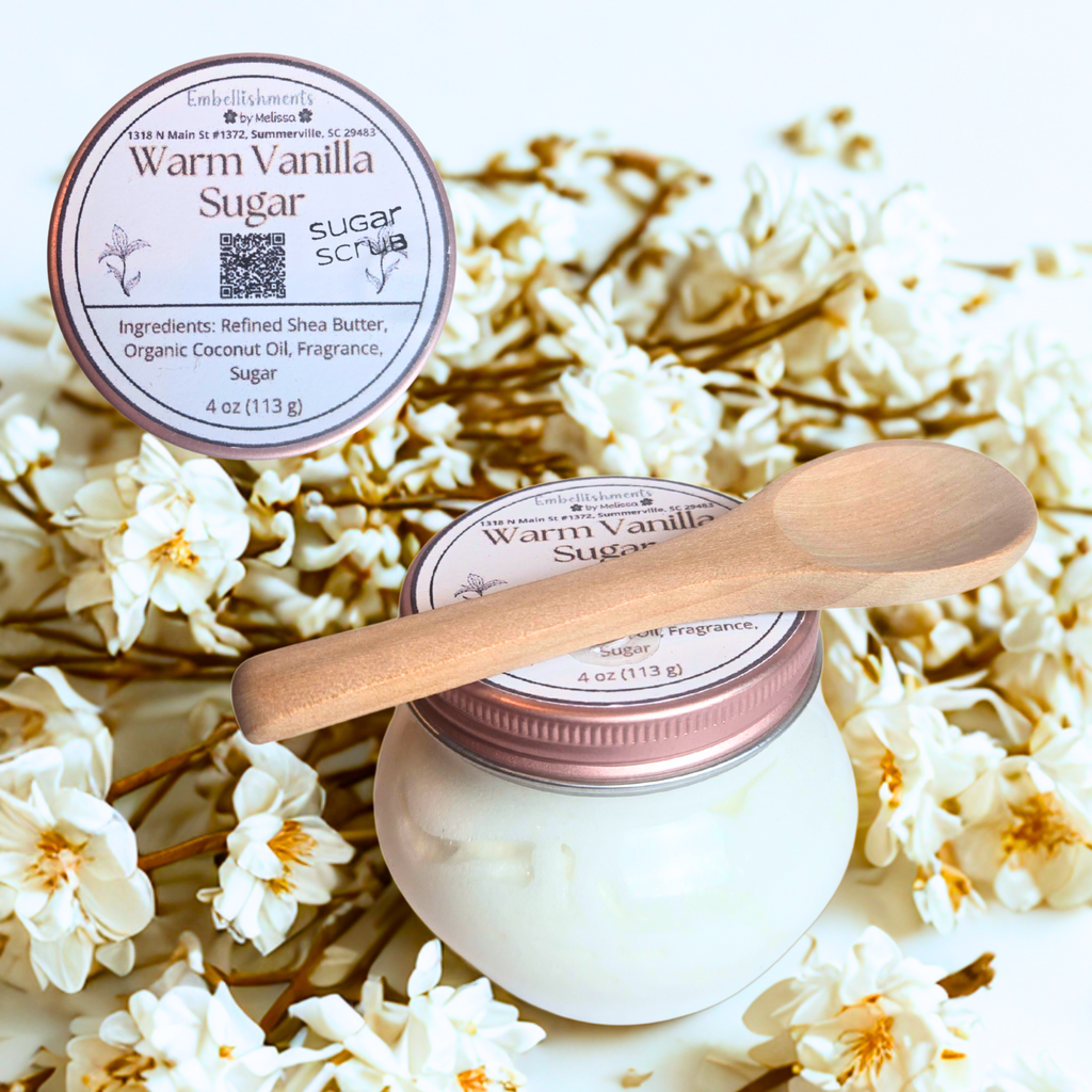 Whipped Vanilla Sugar Body Scrub in jar with creamy texture, made with coconut oil and shea butter