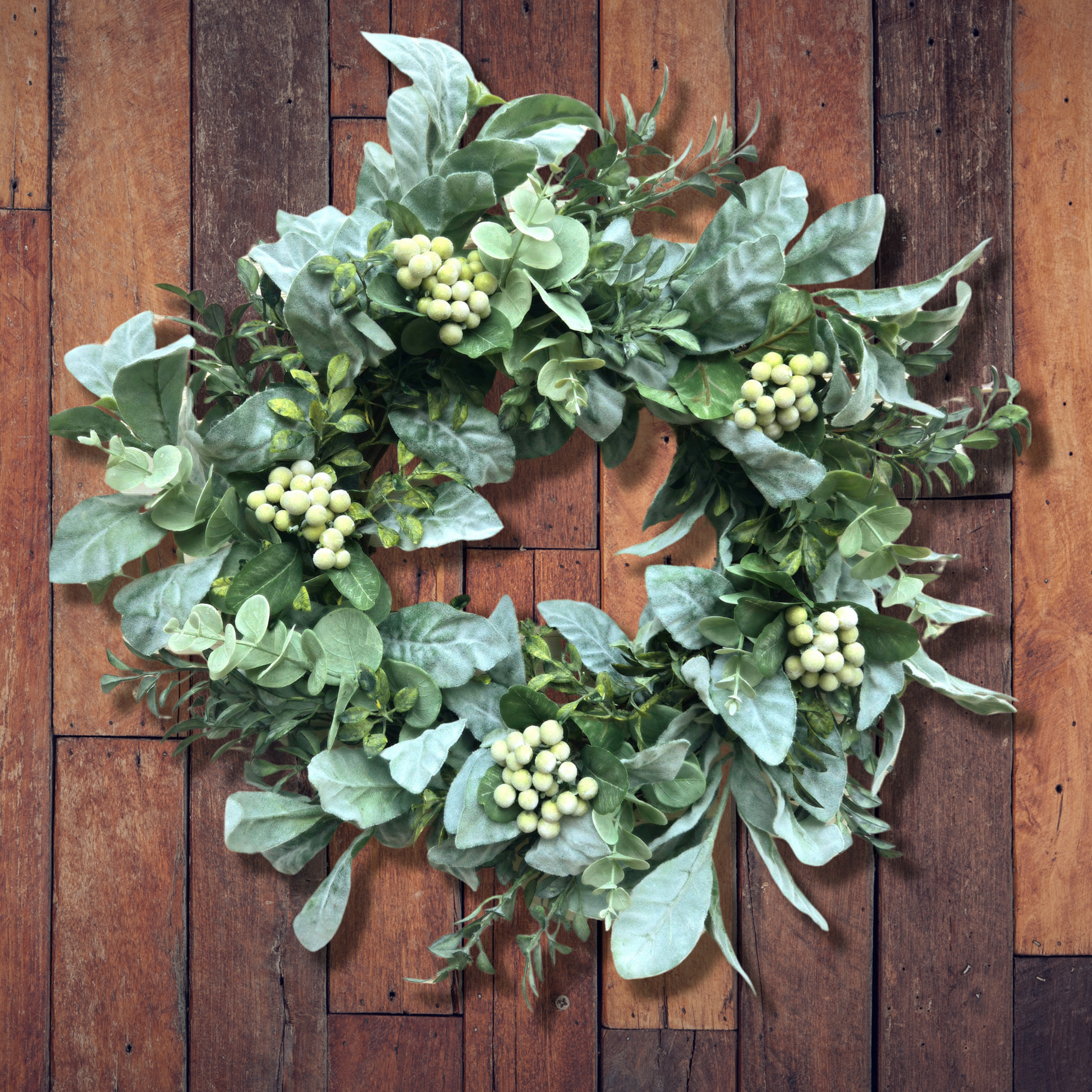 Faux Lambs Ear Wreath with Eucalyptus and Berries for Year-Round Decor, front view.
