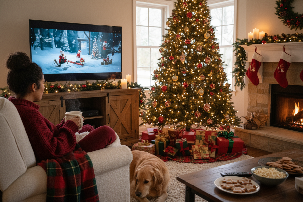 cozy home with woman watching christmas movies with coffee in hand. do not show her face. she is sitting near a christmas tree