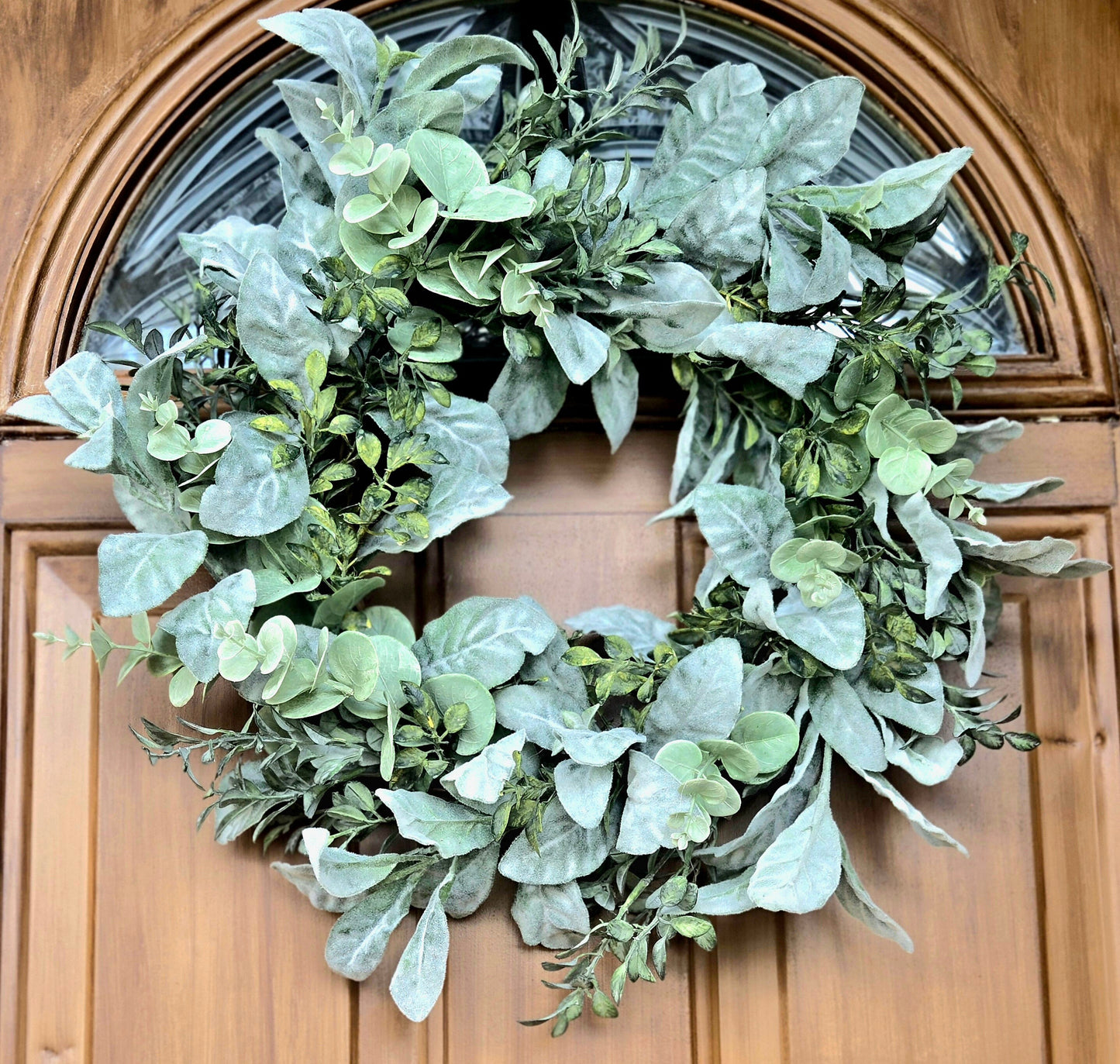 Faux year round Lambs Ear & Eucalyptus Wreath, front view.