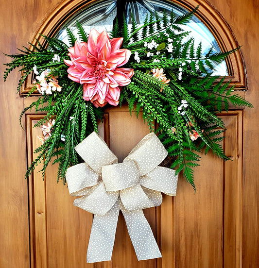 Farmhouse Faux Wreath Pink Flower and Rustic Bow, front view.
