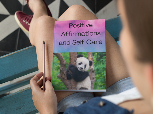 Picture of positive affirmations and self care journal with panda bear.