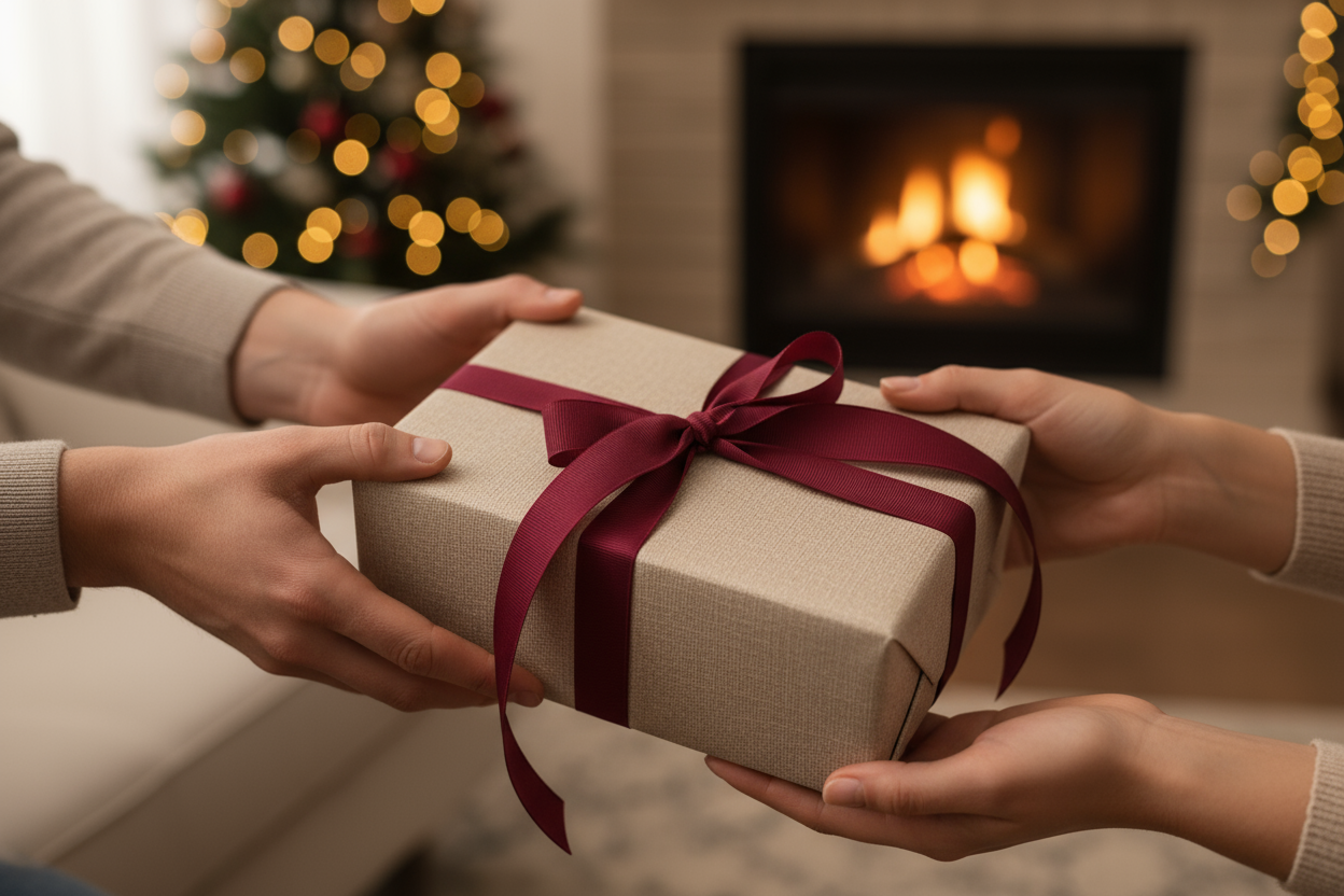 neutral colored christmas gift box with a burgundy simple bow being handed from one hand to another
