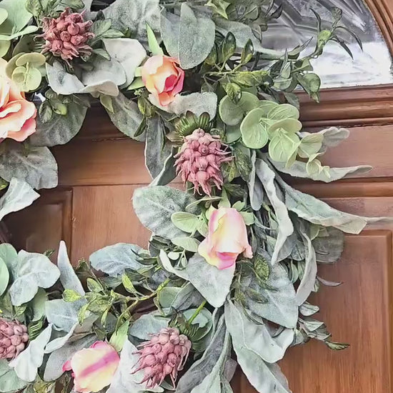 Year round Faux Lambs Ear Wreath with Eucalyptus and Pink Roses, front view.