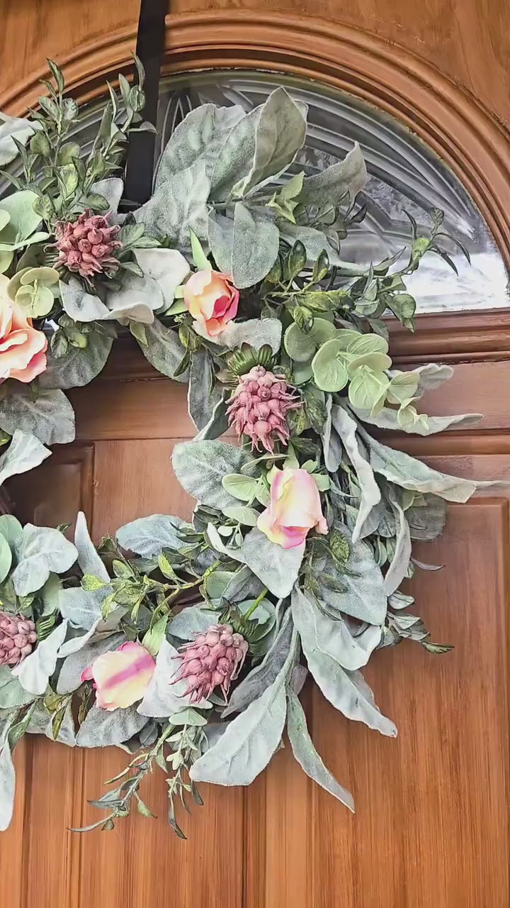 Year round Faux Lambs Ear Wreath with Eucalyptus and Pink Roses, front view.