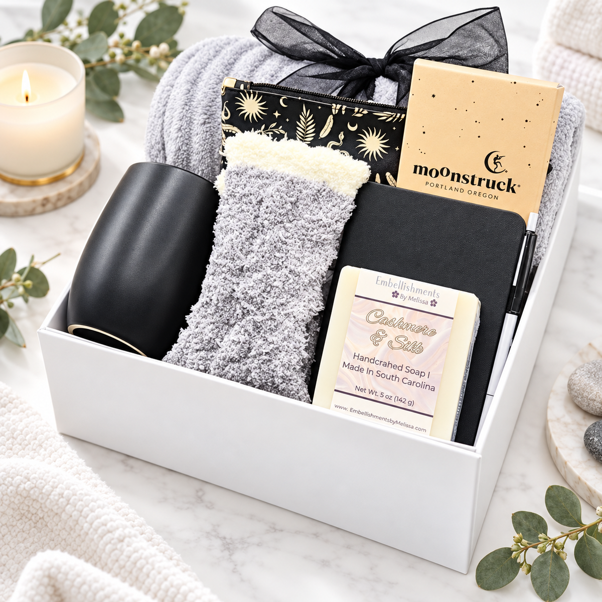 Black Gift Set for Her Self-Care Accessories & Chocolate Gift Box