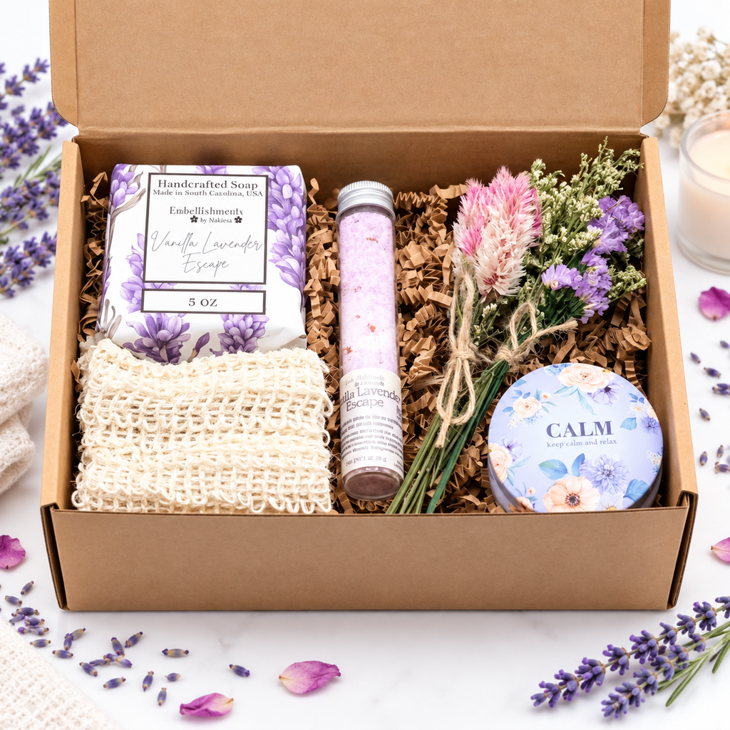Vanilla Lavender Escape Gift Box for Mom Relaxing Self Care Gift Set